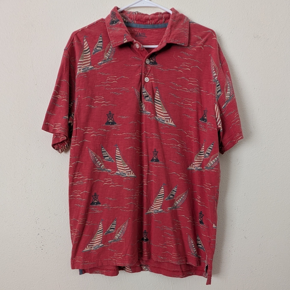 Izod Red Polo Shirt with Nautical Sailboat Print, Size Large, 100% Cotton